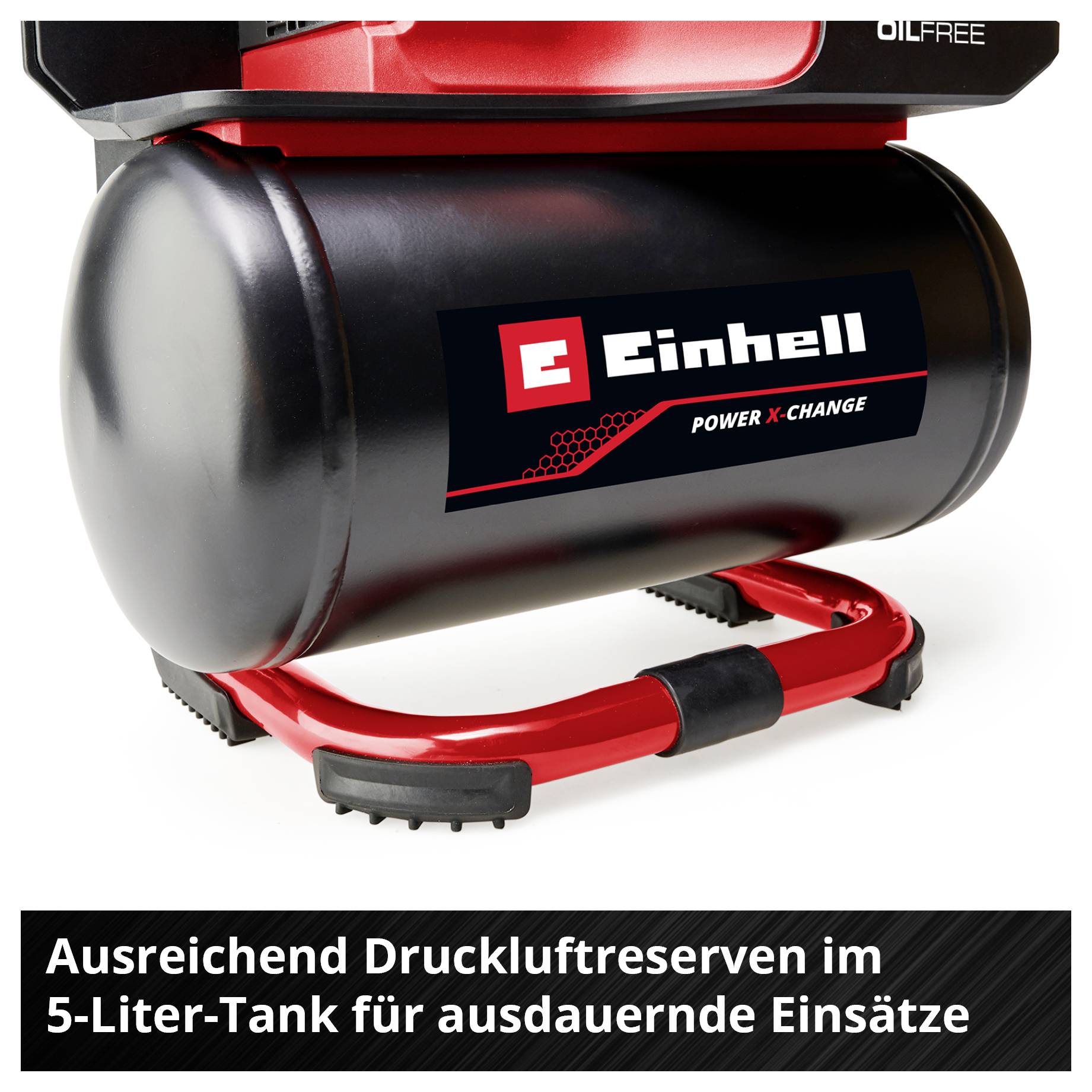 Schwarzer Einhell Druckluft-Kompressor mit rotem Rahmen und 5-Liter-Tank; Text: 'Ausreichend Druckluftreserven im 5-Liter-Tank für ausdauernde Einsätze'.<br>