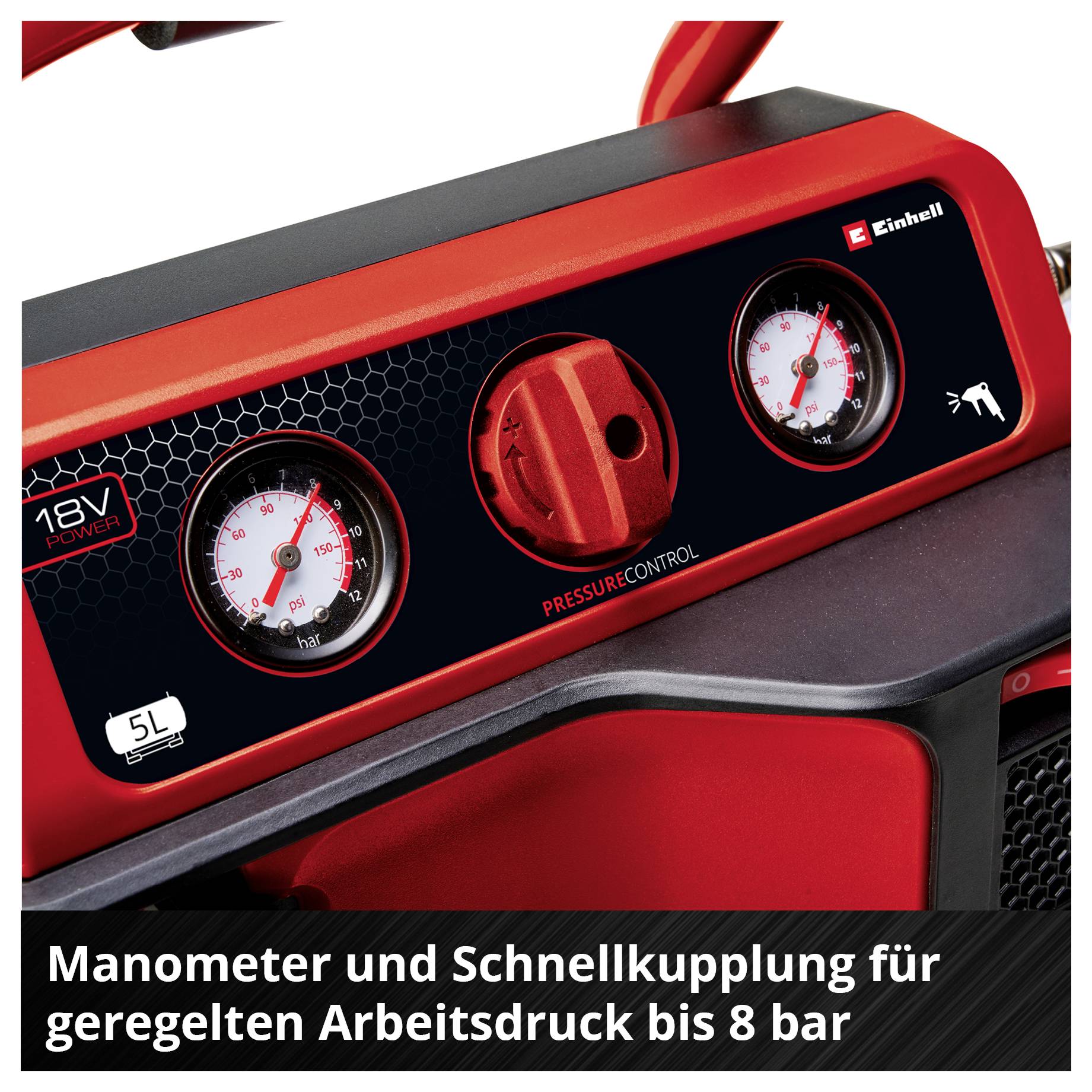 Rotes Einhell-Druckluftgerät mit zwei Manometern und Schnellkupplung; Text: 'Manometer und Schnellkupplung für geregelten Arbeitsdruck bis 8 bar'.
