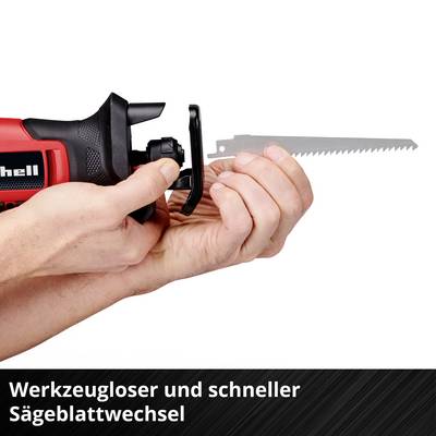 Eine Hand hält eine elektrische Säbelsäge mit einem metallischen Sägeblatt. Text unten: 'Werkzeugloser und schneller Sägeblattwechsel'.