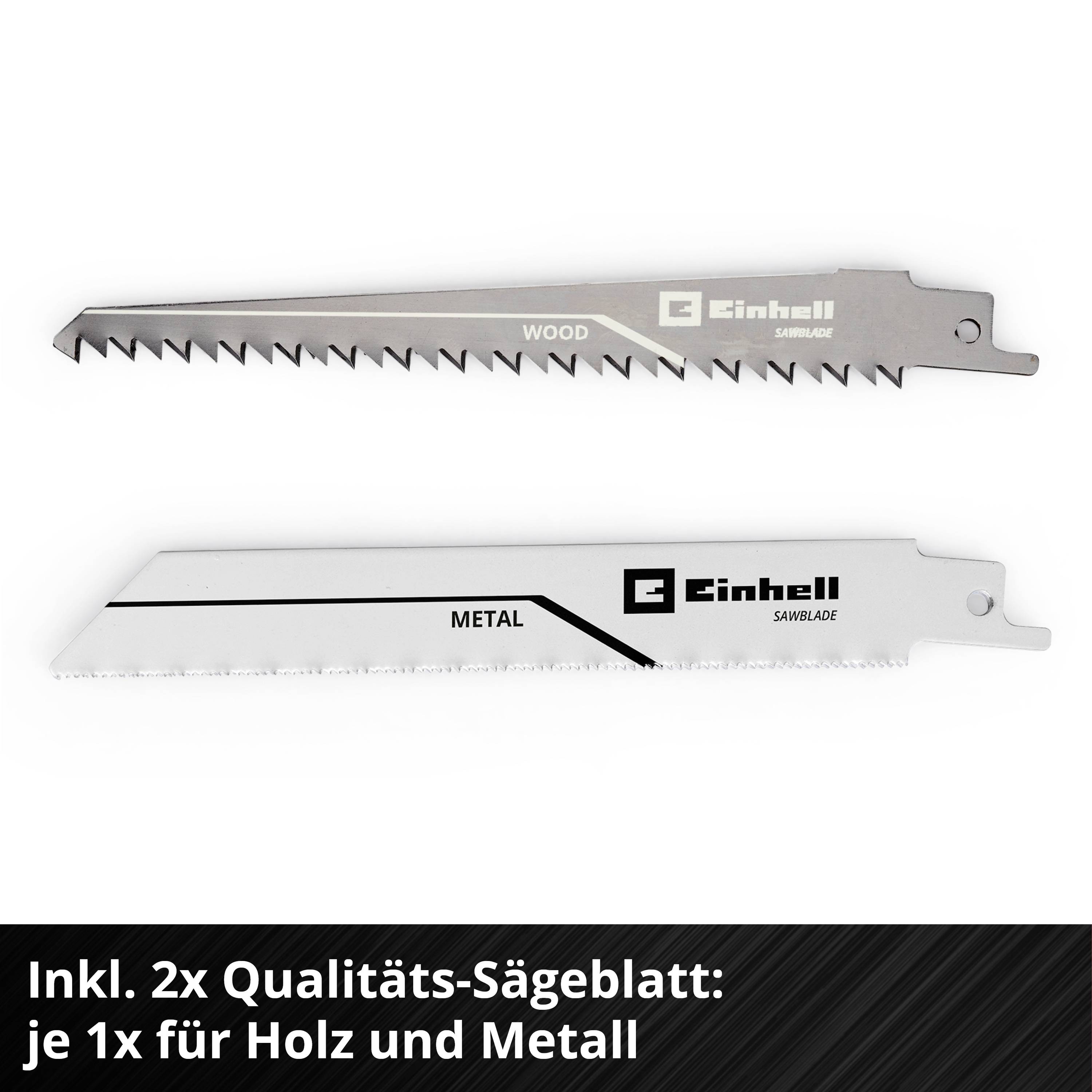 Zwei Sägeblätter: eines für Holz, eines für Metall. Text: 'Inkl. 2x Qualitäts-Sägeblatt: je 1x für Holz und Metall'.
