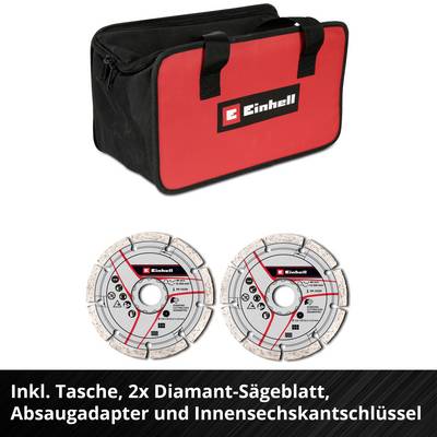 'Einhell' Werkzeugtasche mit Reißverschluss, zwei Diamant-Sägeblätter, Absaugadapter und Innensechskantschlüssel.
