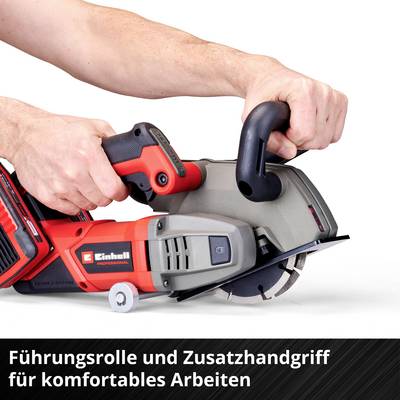 Person hält eine elektrische Schleifmaschine mit Zusatzhandgriff. Aufschrift: 'Führungsrolle und Zusatzhandgriff für komfortables Arbeiten'.