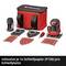 Rote und schwarze Schleifmaschine, Werkzeugkoffer, Schleifscheiben, Flaschen und Schraubendreher. Text: 'Inklusive je 1x Schleifpapier (P120) pro Schleifplatte'.