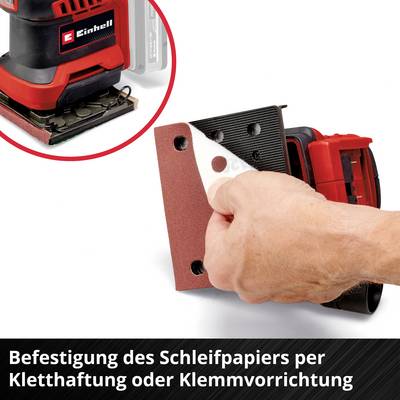 'Einhell Schleifmaschine befestigt Schleifpapier mit Klemmen oder Klett. Nahaufnahme einer Hand, die das Papier wechselt.'