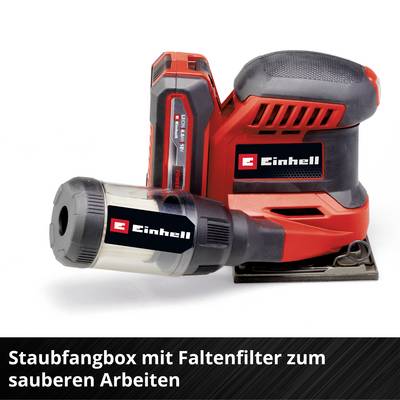 Einhell Akku-Schleifmaschine mit Staubfangbox auf weißem Hintergrund, unten Text 'Staubfangbox mit Faltenfilter zum sauberen Arbeiten'.
