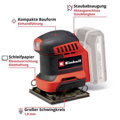 'Einhell' elektrischer Schwingschleifer, kompakte Bauform mit Schleifpapier-Klemmvorrichtung, Staubabsaugung und Staubfangbox.