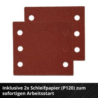 Zwei Schleifpapiere (P120) mit je sechs Löchern, bereit für den sofortigen Arbeitsstart.