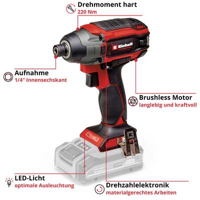 Ein Akku-Schlagschrauber mit gebürstetem Motor, bezeichnet, zeigt Hauptmerkmale: 220 Nm Drehmoment, LED-Licht, 1/4" Innen-Sechskantaufnahme.