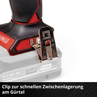 'Akkuschrauber mit Gürtelclip, ermöglicht einfache Zwischenlagerung am Gürtel.'