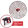 Ein roter und schwarzer Bohrhammer aus der Einhell Power X-Change-Serie. Im Hintergrund ist eine Übersicht weiterer Werkzeuge der Serie.