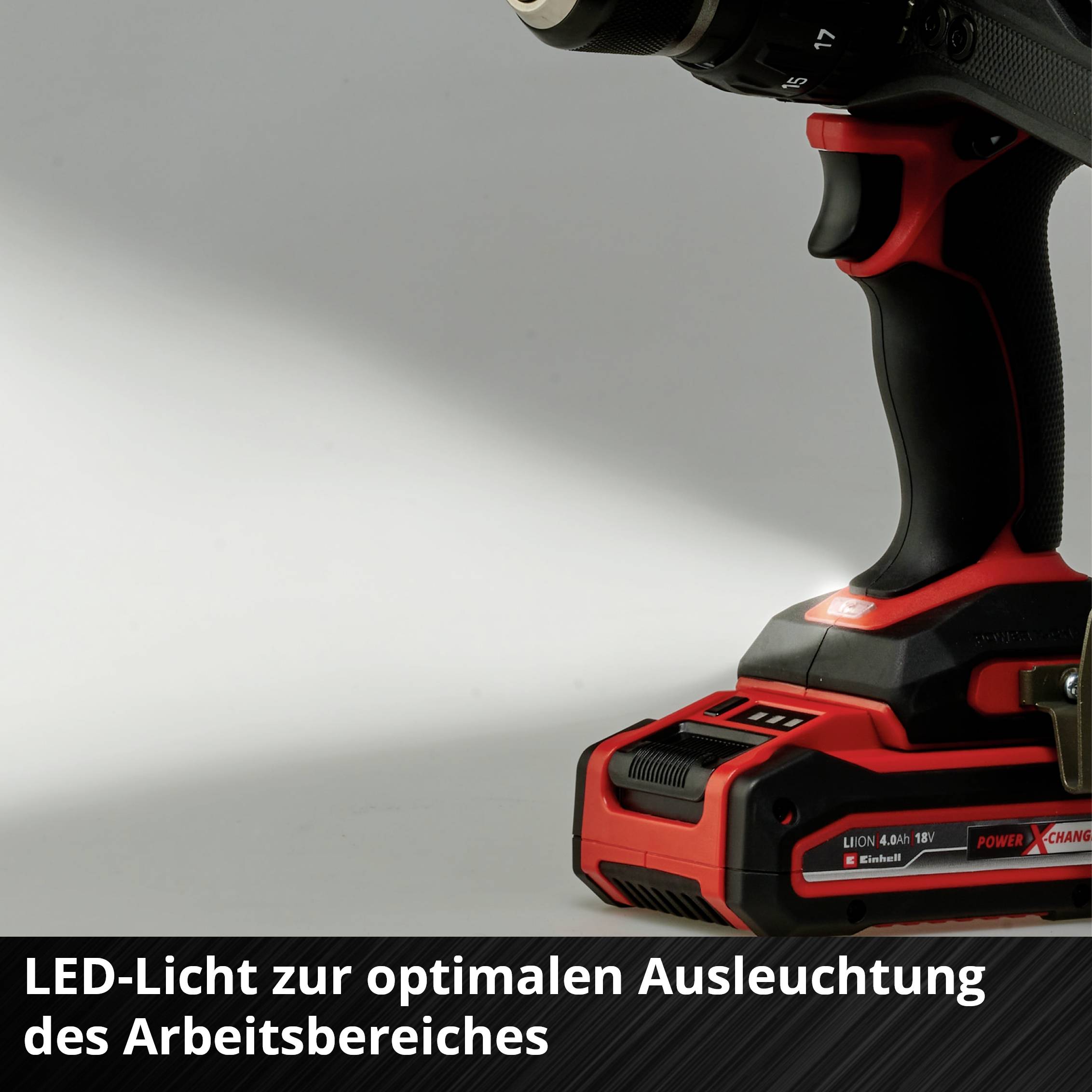 Akkubohrmaschine mit Rotationsbohrer in Schwarz-Rot, halb im Bild sichtbar. Text unten: 'LED-Licht zur optimalen Ausleuchtung des Arbeitsbereichs'.