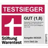 'TESTSIEGER Stiftung Warentest' Logo mit Note 'GUT (1,8)', beschreibt getestete Produktkombination; Ausführung 06/2025.