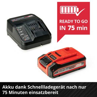 Ladegerät und Akku mit Text 'READY TO GO IN 75 min'. Unterer Textbereich: 'Akku dank Schnellladegerät nach nur 75 Minuten einsatzbereit'.