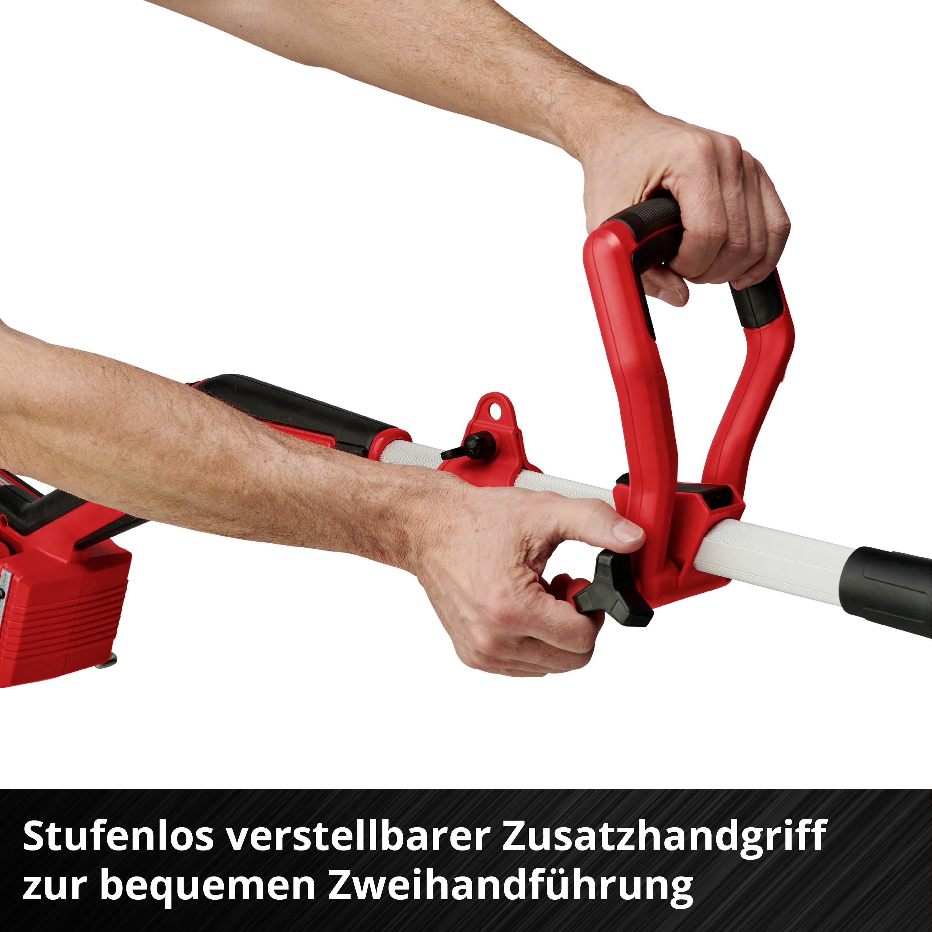 'Stufenlos verstellbarer Zusatzhandgriff für bequemen Zweihandführungen.' Zwei Hände halten eine Motorsäge mit ergonomischem Griff.