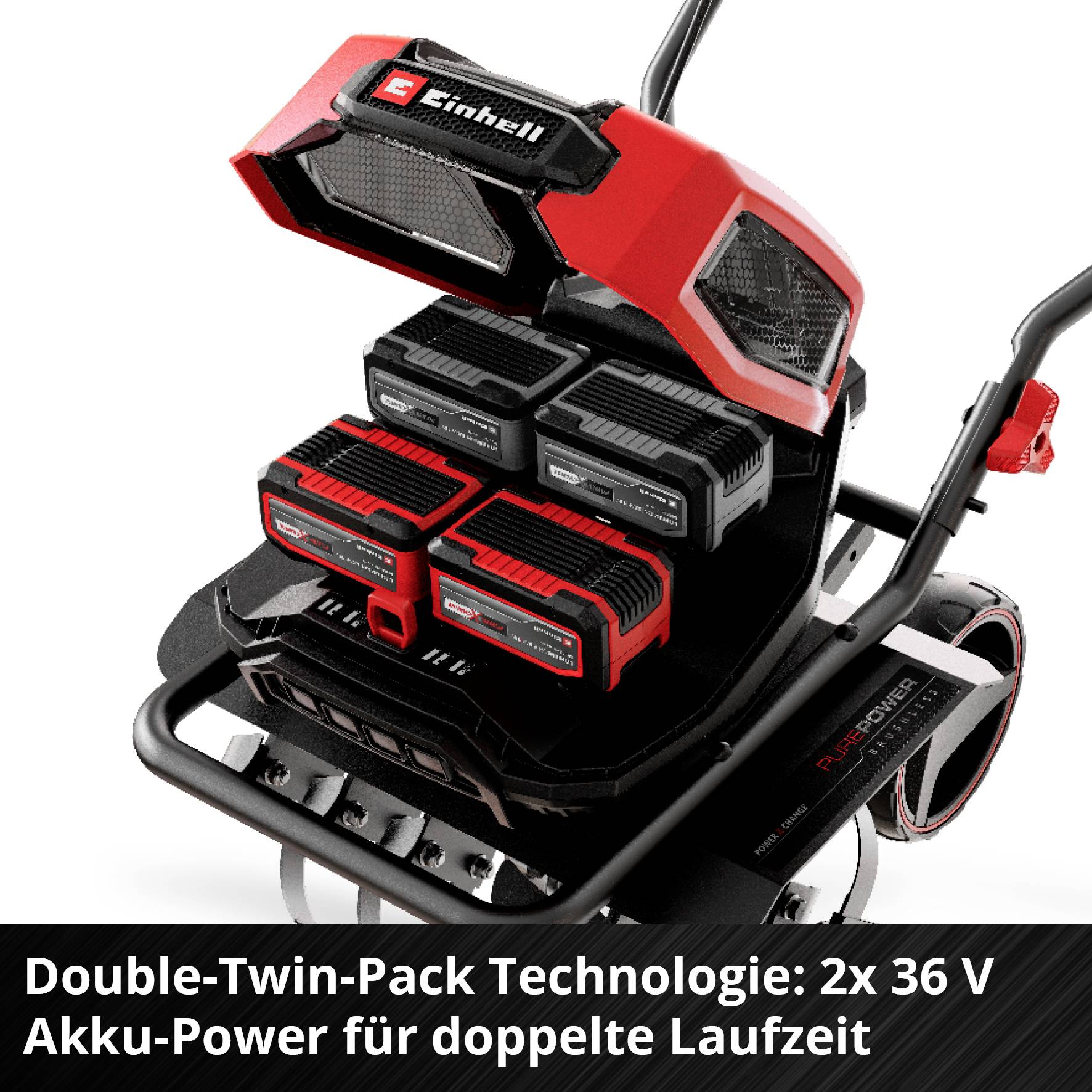 Ein Stapel mit vier roten Akkus auf einem Ladegerät; Text: 'Double-Twin-Pack Technologie: 2x 36 V Akku-Power für doppelte Laufzeit'.