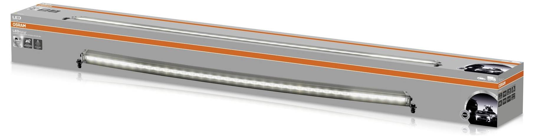 Verpackte LED-Lichtleiste in grauer Schachtel mit orangefarbenen Akzenten, Produktabbildungen und Anwendungsbeispiel eines Autos auf der Seite.