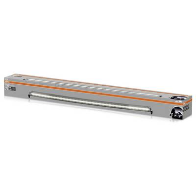 Verpackte LED-Lichtleiste in grauer Schachtel mit orangefarbenen Akzenten, Produktabbildungen und Anwendungsbeispiel eines Autos auf der Seite.