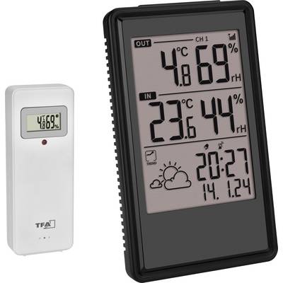 Ein digitales Thermometer zeigt außen '4°C, 69% rH', innen '23,6°C, 44% rH'. Darunter Uhrzeit '20:27' und Datum '14.1.24'.