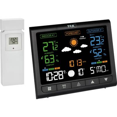 Digitales Wetterstation-Display zeigt Innen- und Außentemperaturen (27°C und 23.2°C), Luftfeuchtigkeit, Wettervorhersage mit Sonnensymbol.