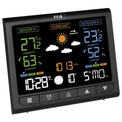 Elektronische Wetterstation mit Anzeige für Innen- und Außentemperatur, Luftfeuchtigkeit, Wettervorhersage mit Symbolen, Uhrzeit und Datum.