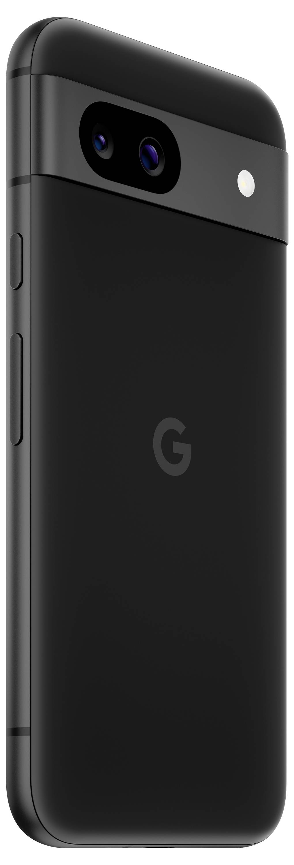 Ein schwarzes Smartphone mit zwei Kameralinsen, Blitz und einem 'G'-Logo auf der Rückseite.