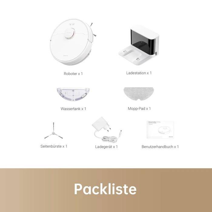 'Packliste' zeigt einen Roboter, Ladestation, Wassertank, Mopp-Pad, Seitenbürste, Ladegerät und Benutzerhandbuch mit jeweiligen Anzahlangaben.