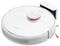 Ein weißer Saugroboter mit runder Form und Ladestation. Er hat Sensoren oben auf der Oberfläche.