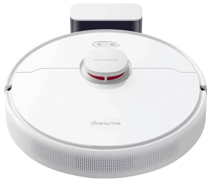 Ein weißer, runder Staubsaugerroboter mit der Aufschrift 'dreame' und 'LDSAR NAVIGATION' auf der Oberseite.