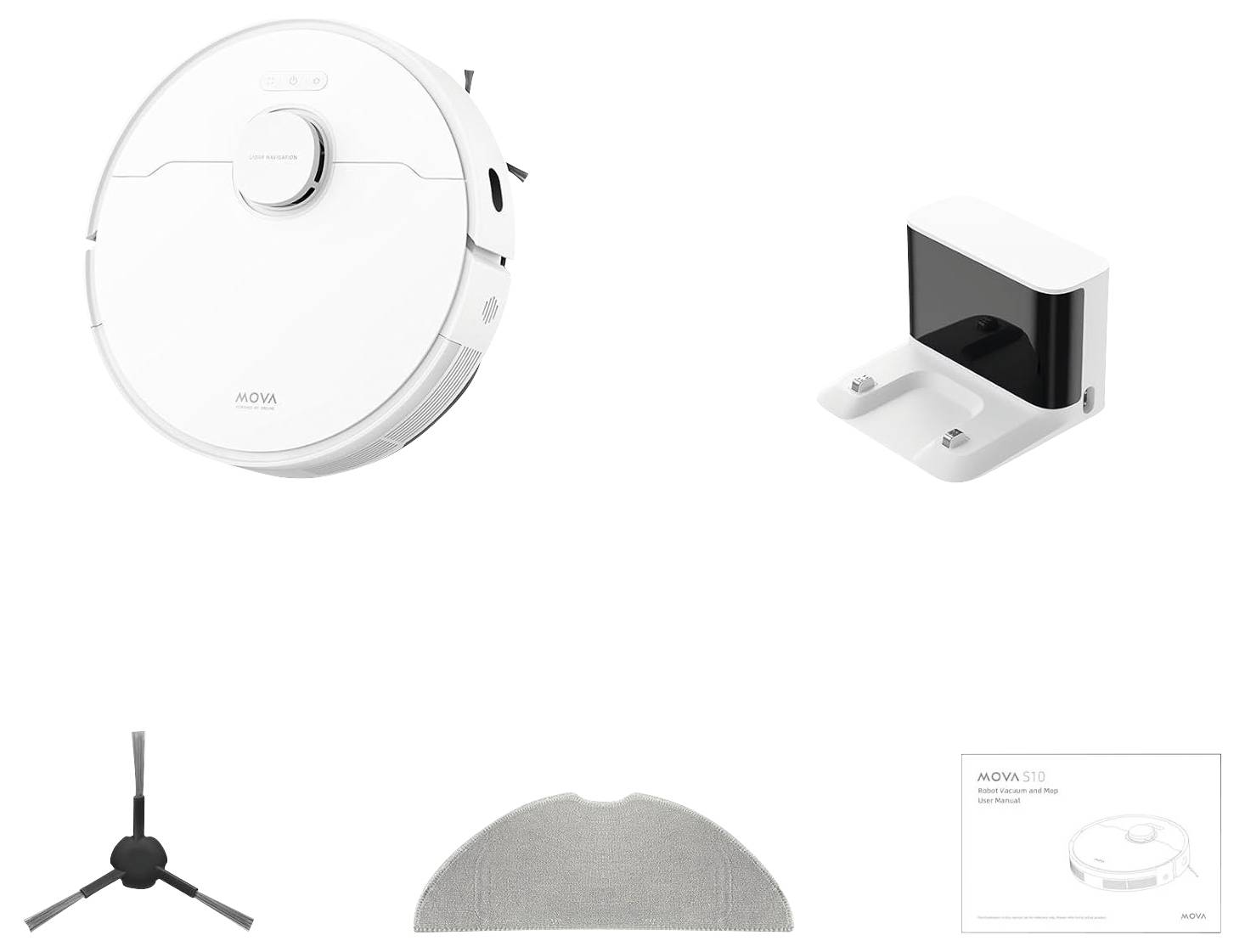 Ein weißer Roboterstaubsauger mit Ladestation und Zubehör wie einer Bürste und einem Filter. Produktverpackung unten rechts.