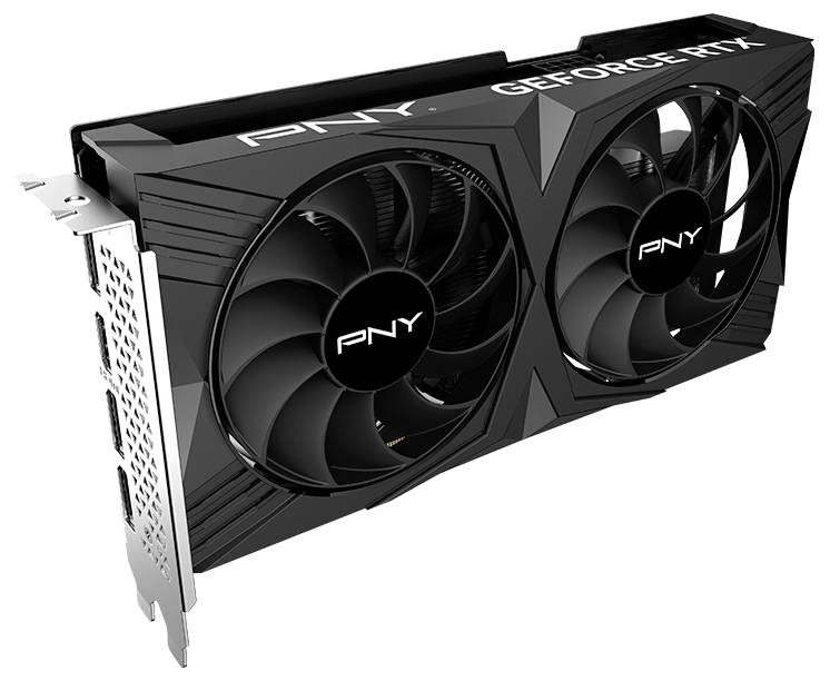 Eine schwarze PNY Grafikkarte mit zwei Lüftern und der Aufschrift 'GEFORCE RTX', geeignet für leistungsstarke Computeranwendungen.