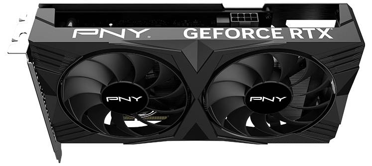 'Schwarze PNY GeForce RTX Grafikkarte mit zwei Lüftern und sichtbaren Anschlüssen, geeignet für leistungsfähiges Gaming und Grafikdesign.'