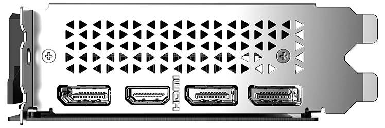 Rückseite einer Grafikkarte mit HDMI- und DisplayPort-Anschlüssen, dreieckige Lüftungsschlitze, Metalloberfläche.