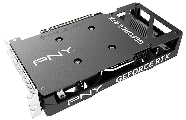Grafikkarte der Marke PNY, Modell GeForce RTX, mit schwarzem Kühlkörper und Lüfter.