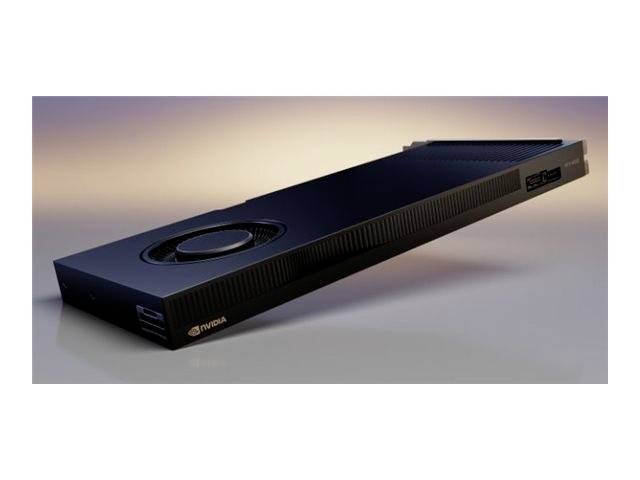 Flache, schwarz, rechteckige NVIDIA-Grafikkarte mit seitlichem Lüfter und Logos. Vor einem unscharfen, farbigen Hintergrund platziert.