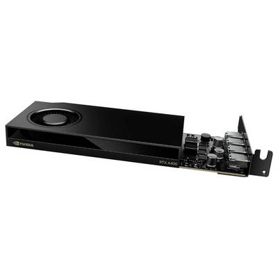 Eine NVIDIA RTX A4000 Grafikkarte, schwarz, mit Kühllüfter und Anschlüssen für Computerhardware.