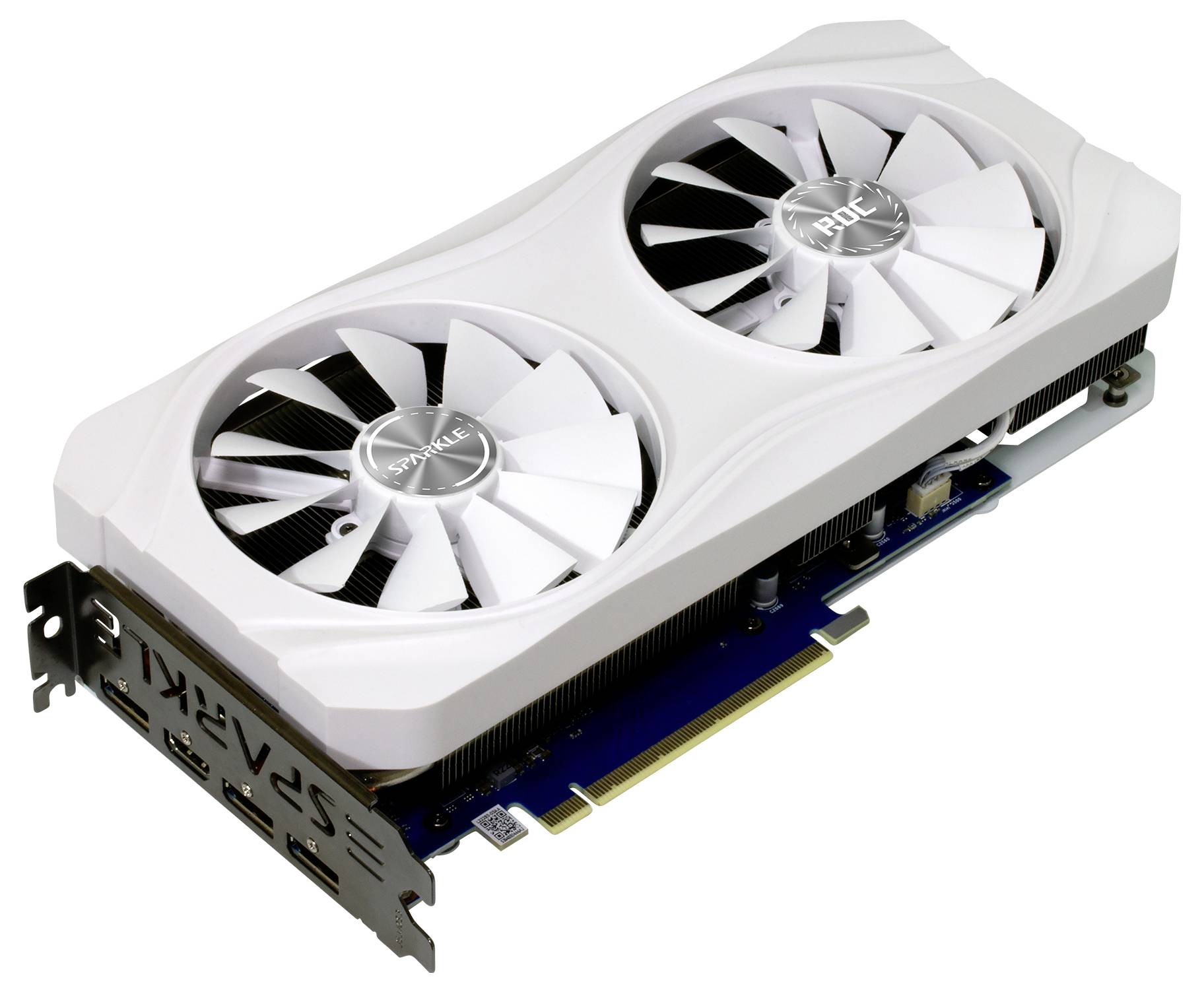 Grafikkarte mit zwei großen Lüftern und mehreren Anschlussmöglichkeiten. Sie ist weiß mit blauen und schwarzen Elementen.