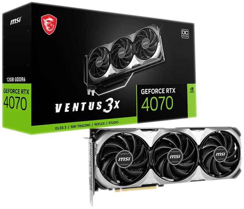 'Grafikkarte MSI GeForce RTX 4070 Ventus 3X mit 12GB GDDR6' vor einer entsprechenden Verpackung. Bedeutend für Gaming und Grafik.