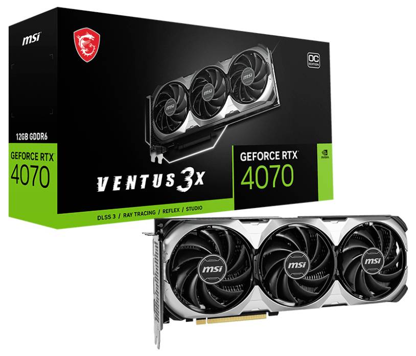 'MSI GeForce RTX 4070 Ventus 3X Grafikkarte' in der Verpackung. Auf der Verpackung ist das Bild der Grafikkarte mit drei Lüftern zu sehen.
