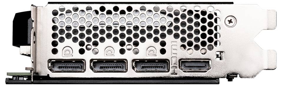 Rückansicht einer Grafikkarte mit drei DisplayPort-Anschlüssen und einem HDMI-Anschluss. Metallgitter für Luftzirkulation erkennbar.
