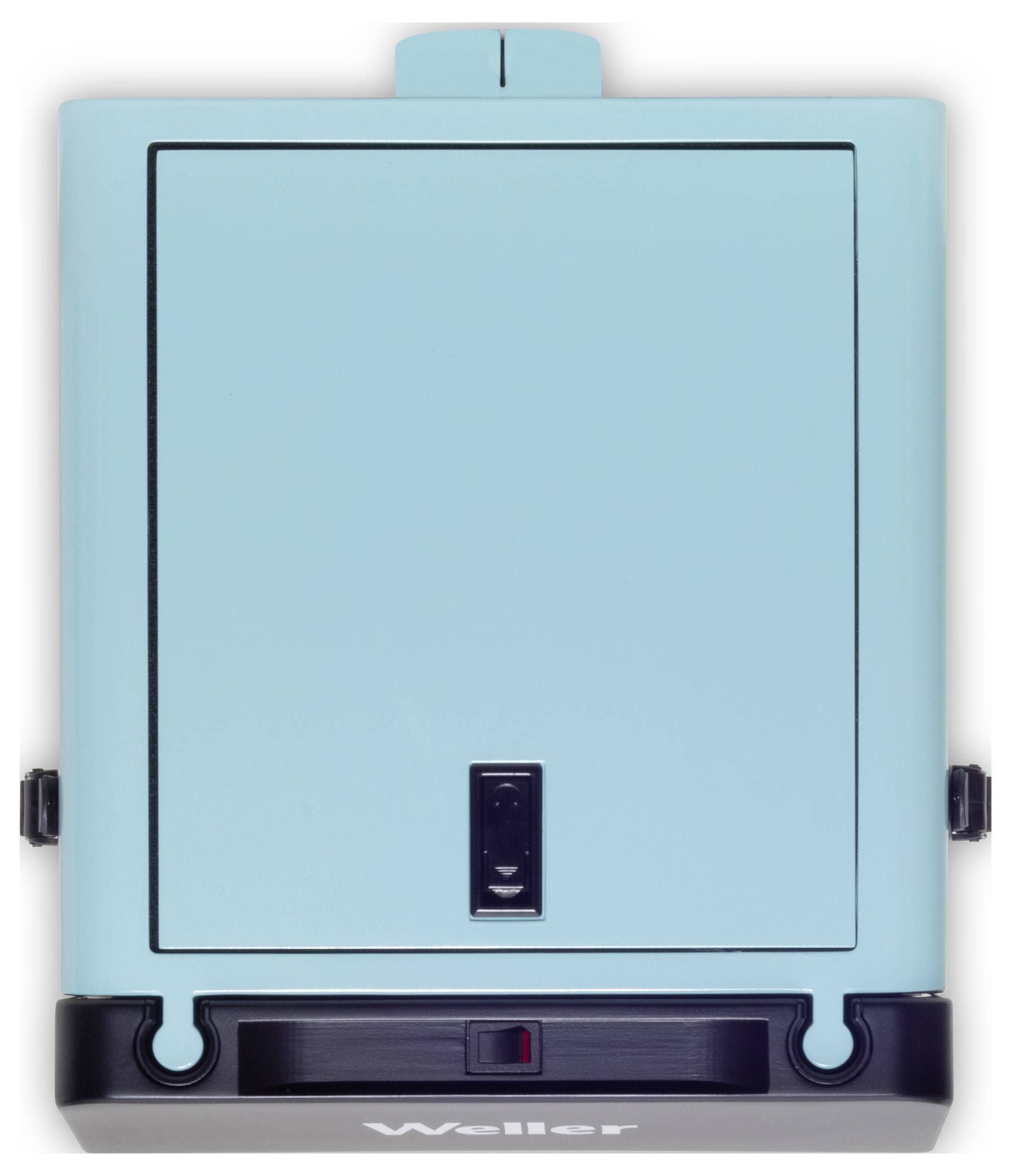 Ein blauer, quadratischer Gegenstand mit einem schwarzen Sockel, auf dem das Wort 'Weller' steht. Enthält keine dekorativen Details.