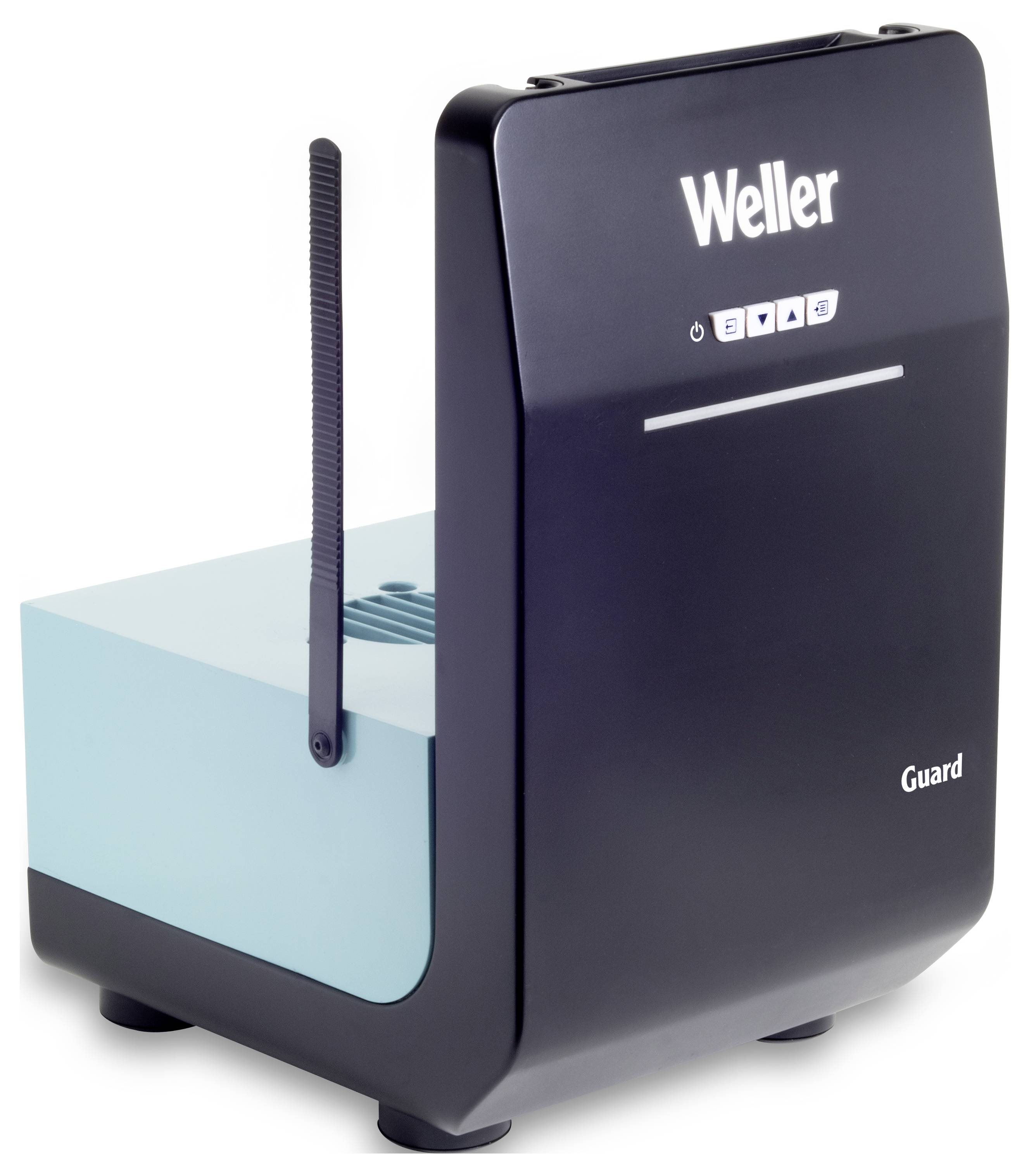 Ein schwarzes und blaues Gerät mit der Aufschrift 'Weller Guard'. Es dient zur Reinigung oder Schutz in einem technischen Kontext.