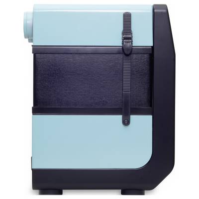 Aqua-blaues, rechteckiges Gerät mit schwarzem Band und schwarzem Gehäuse.