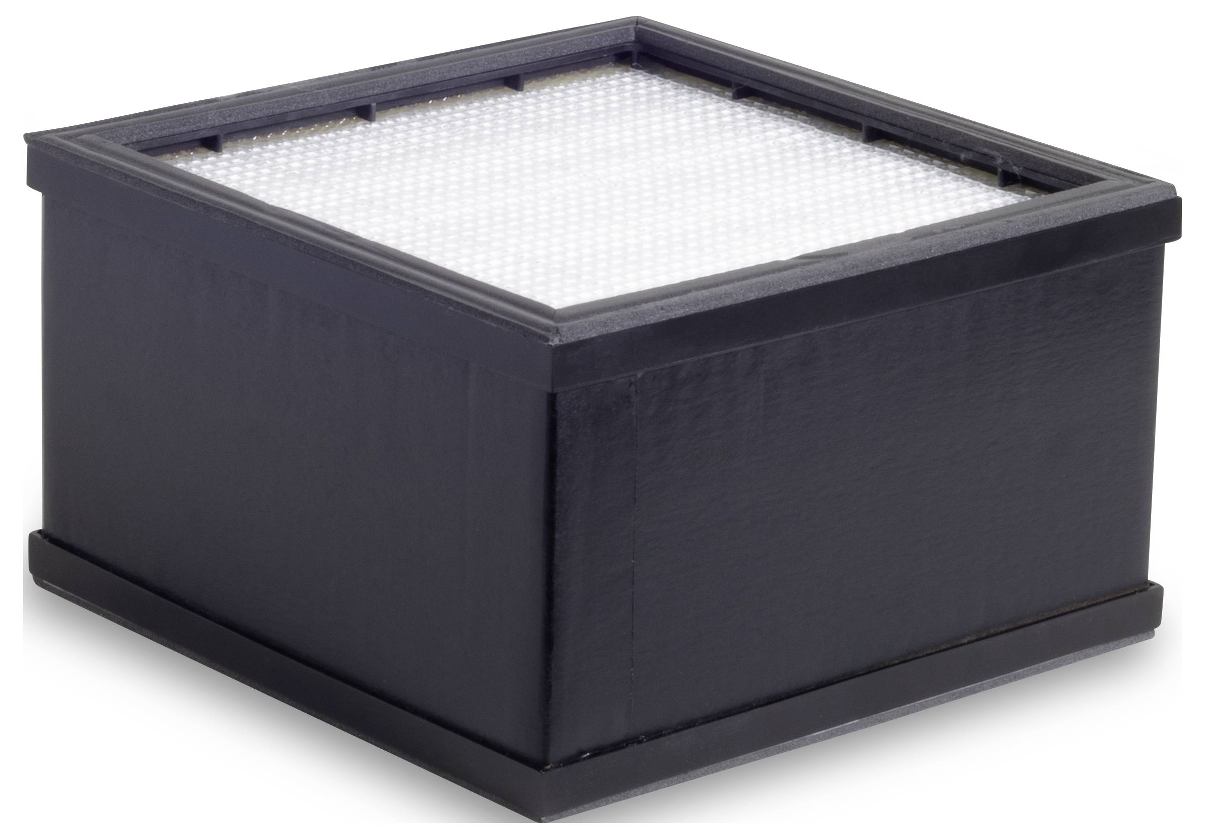 Ein schwarzer, quadratischer Luftfilter mit weißem Filtrationsmaterial oben, zeigt ein modernes, funktionelles Design.