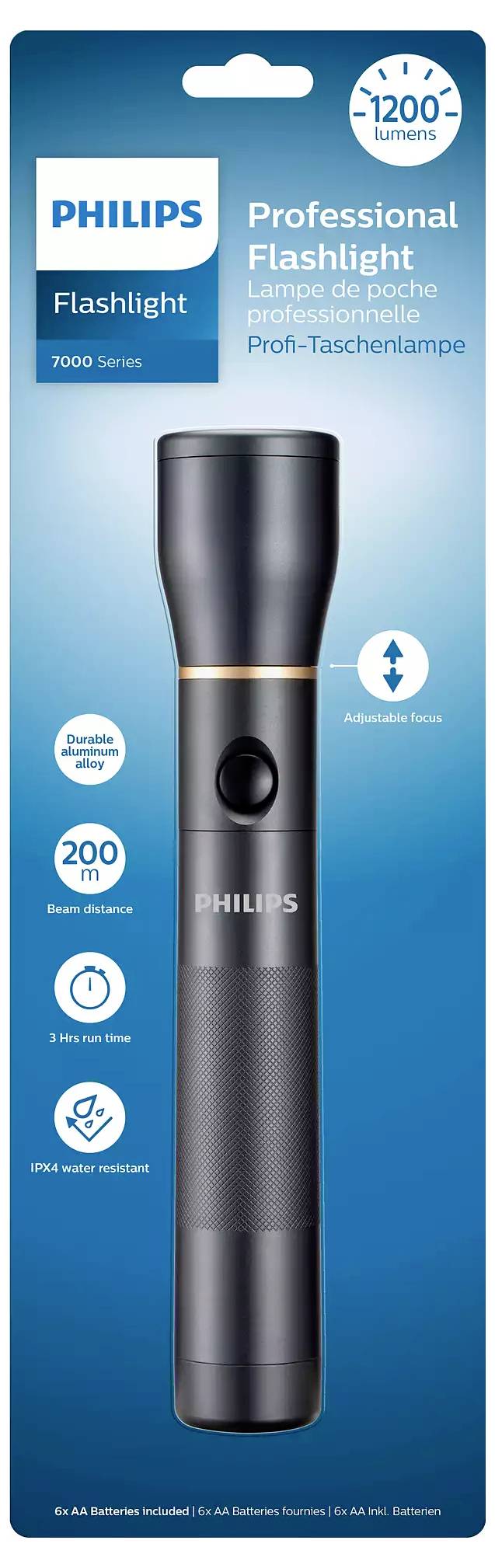 'Philips Professional Flashlight, 1200 Lumen, 7000 Series. Bis zu 200 Meter Reichweite, USB-C Ladung, wasser- und stoßfest.'