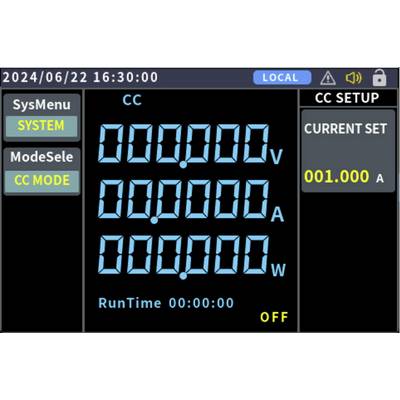 Das Bild zeigt ein digitales Display-Interface für eine elektronische Einrichtung. Es zeigt Spannung (V), Strom (A), Leistung (W), die Betriebszeit (RunTime), und den Status (OFF). Oben sind Datum und Uhrzeit angegeben.