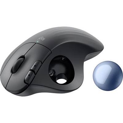 Ergonomische, schwarze Trackball-Maus mit abnehmbarem blauen Trackball, ideal für komfortable, präzise Steuerung ohne Handbewegungen.