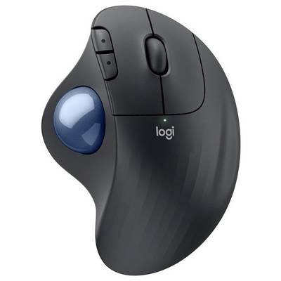 Eine schwarze ergonomische Computermaus mit blauem Trackball und zwei Tasten, ideal für komfortables Navigieren.