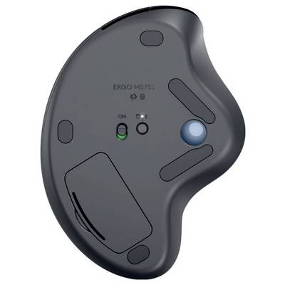 Rückseite einer ergonomischen kabellosen Maus mit Batteriefach und blauer Trackball. Tasten für Ein/Aus und Verbindungseinstellungen sichtbar.