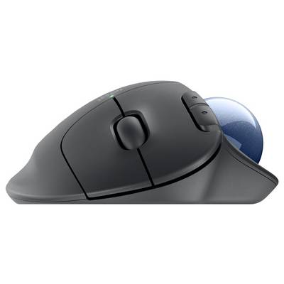 Eine ergonomische, drahtlose Maus mit blauem Trackball, seitlicher Taste und Scrollrad für effiziente Navigation und Komfort.