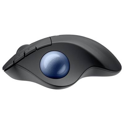 Eine ergonomische, schwarze Computermaus mit einer blauen Trackball-Kugel links, die der Steuerung dient.